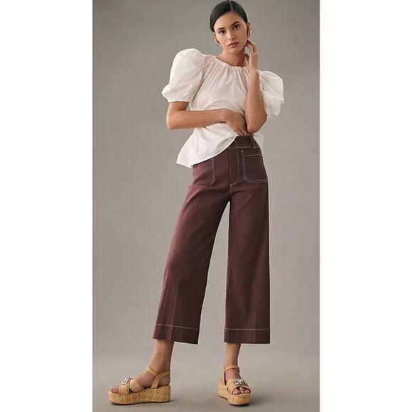 Maeve Pants - Maeve Collette Cropped Wide Leg Pants 26 TALL Linen Blend Brown White Stitch